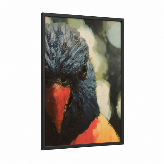 Rainbow Lorikeet Close-Up framed art print — black wood frame — black and red and gold palette