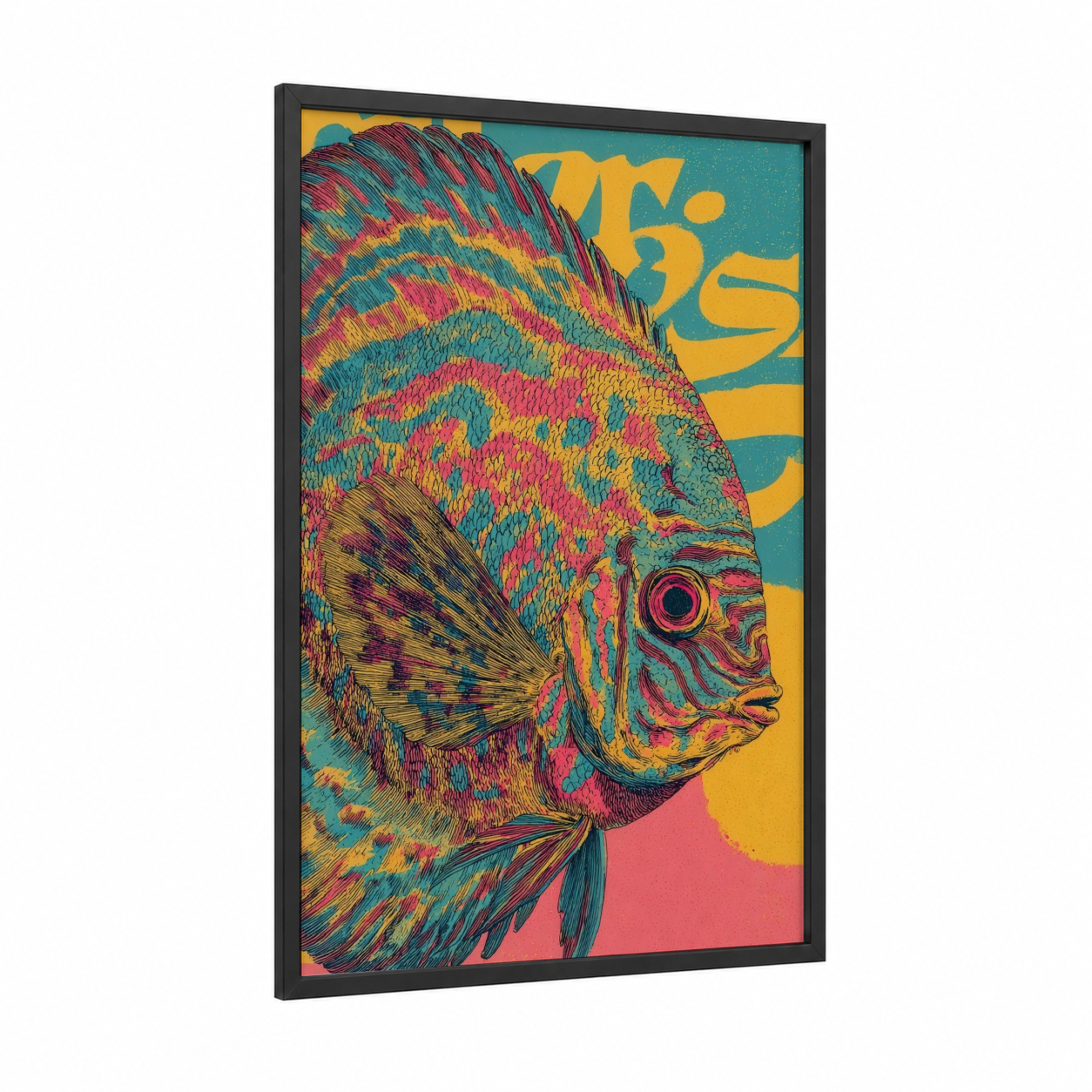 Vibrant Discus Fish framed art print — black wood frame — teal and magenta palette