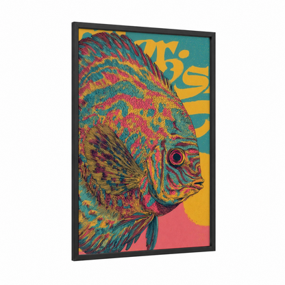Vibrant Discus Fish framed art print — black wood frame — teal and magenta palette