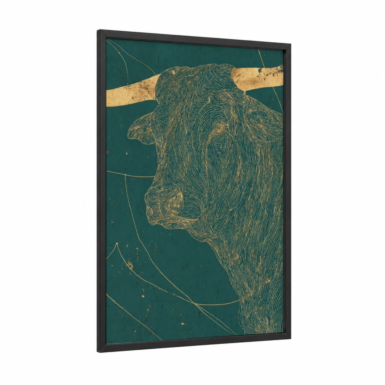 Celestial Taurus framed art print — black wood frame — teal and gold palette