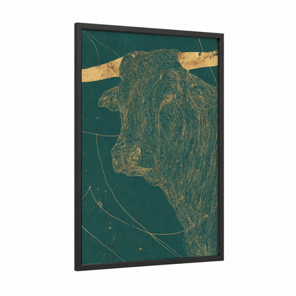 Celestial Taurus framed art print — black wood frame — teal and gold palette