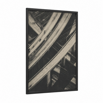 Aerial Highways framed road and highways print — black wood frame — black and white and gray palette