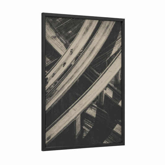 Aerial Highways framed road and highways print — black wood frame — black and white and gray palette