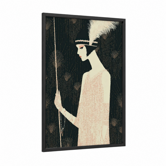 Art Deco Elegance framed vintage fashion print — black wood frame — black and gold and peach palette
