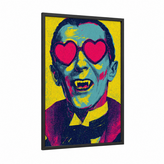 Lovestruck Vampire framed art print — black wood frame — yellow gold and magenta palette