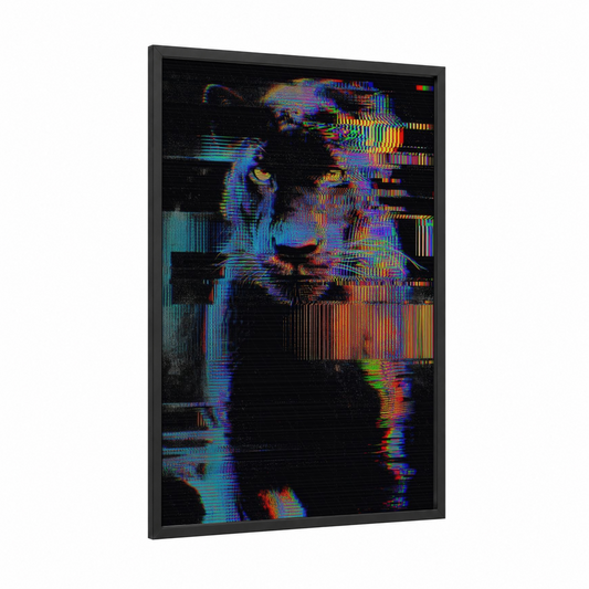Glitch Panther framed art print — black wood frame — blue and magenta palette