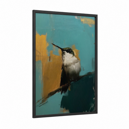 Golden Hummingbird framed art print — black wood frame — turquoise and gold palette