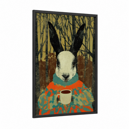 Cozy Rabbit framed art print — black wood frame — gold and teal palette