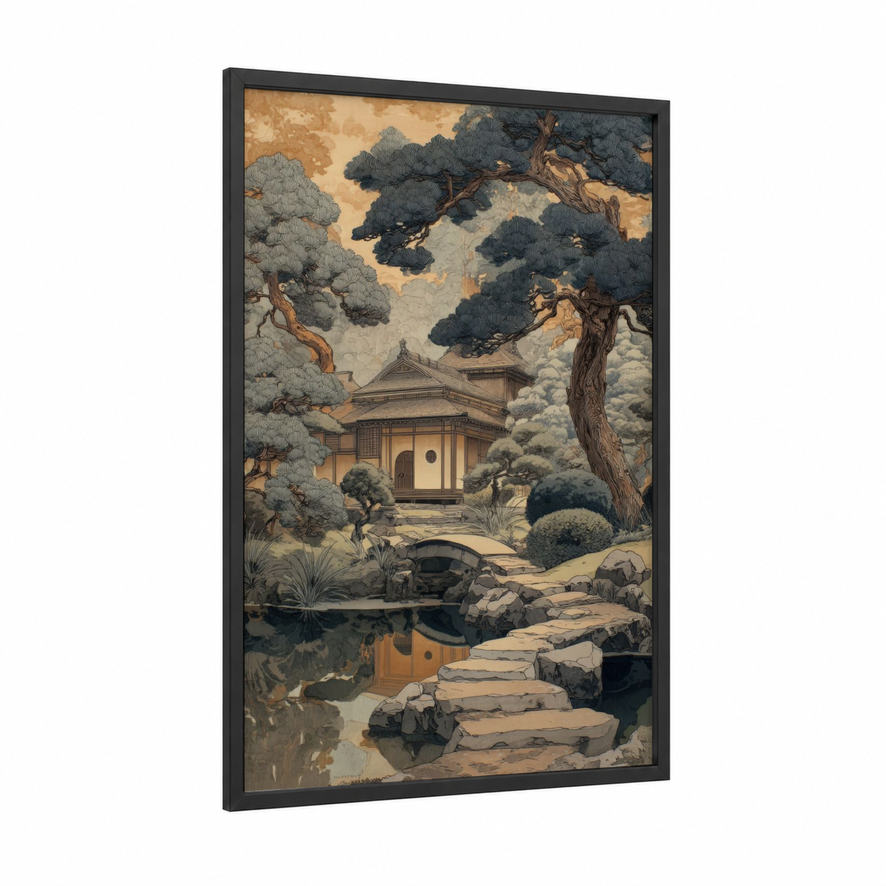 Zen Temple Garden framed art print — black wood frame — champagne gold and dark green palette