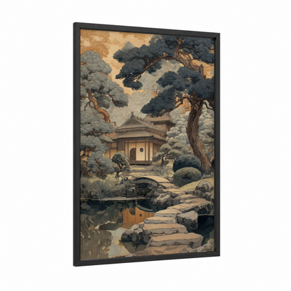 Zen Temple Garden framed art print — black wood frame — champagne gold and dark green palette