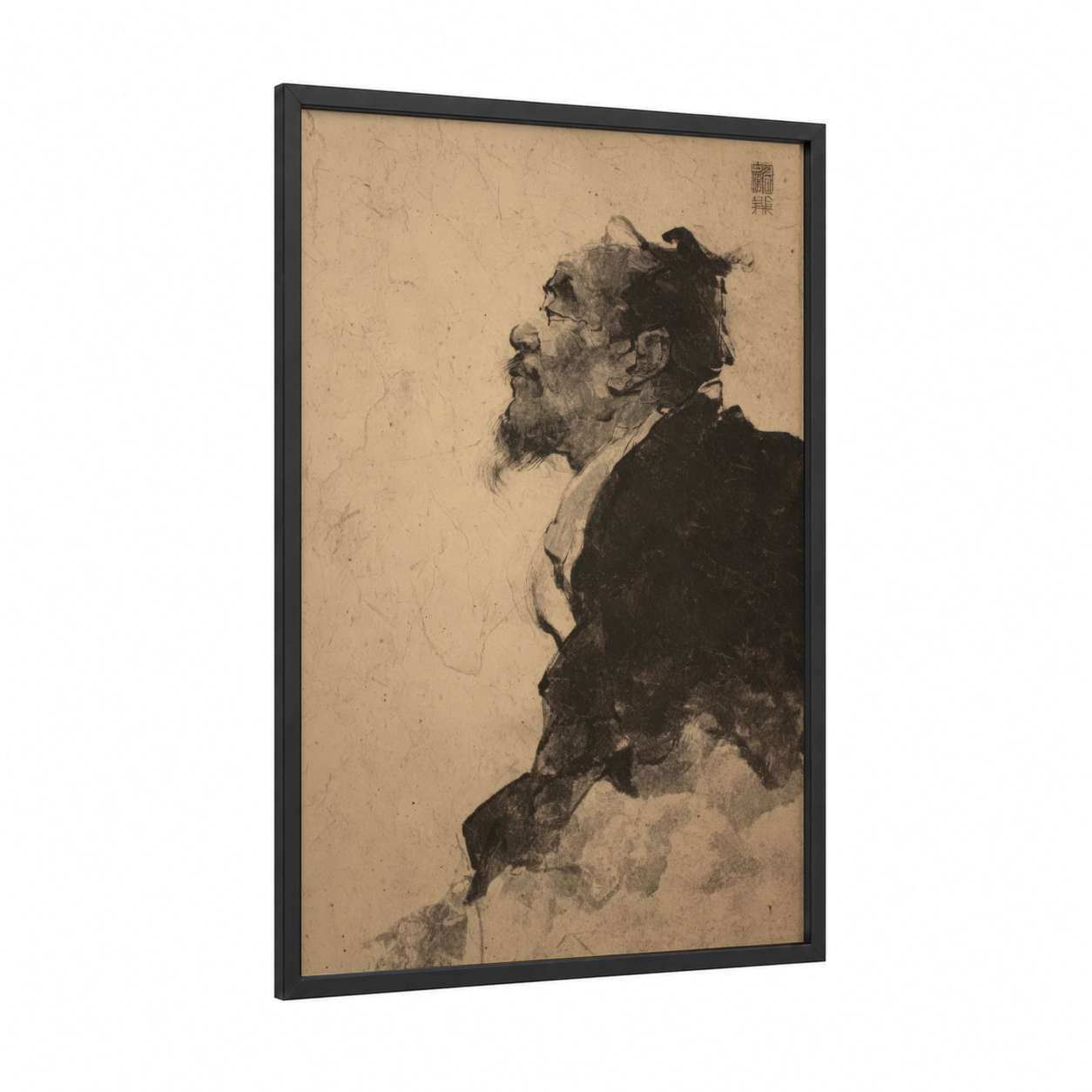 Contemplative Warrior framed kung fu print — black wood frame — black and white and cream palette
