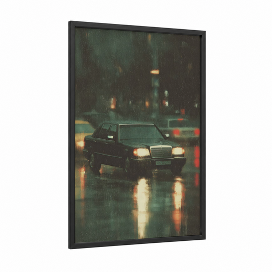 Rainy Night Classic framed classic car print — black wood frame — dark green and gold palette
