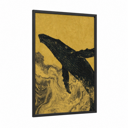 Golden Breach Whale framed humpback whale print — black wood frame — yellow gold and black palette