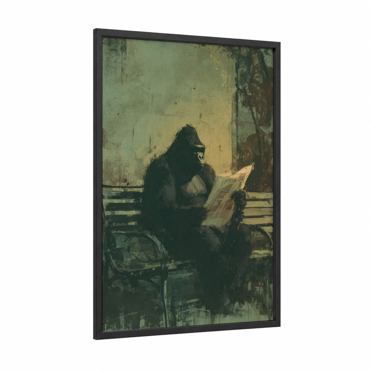 Contemplative Monkey framed art print — black wood frame — light green and gold palette