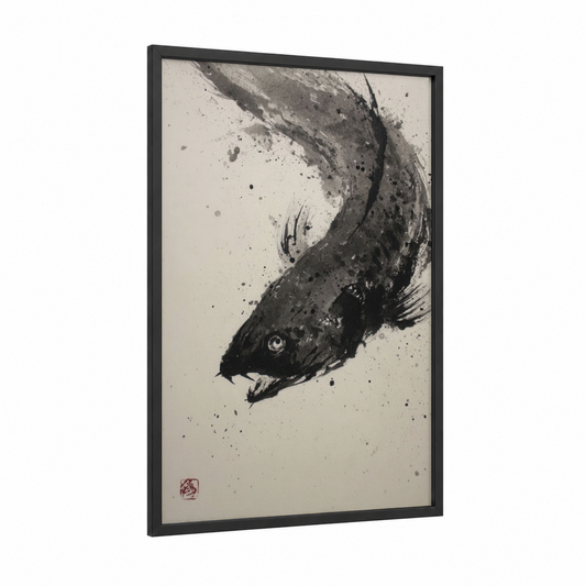 Descending Eel framed eels print — black wood frame — black and cream palette