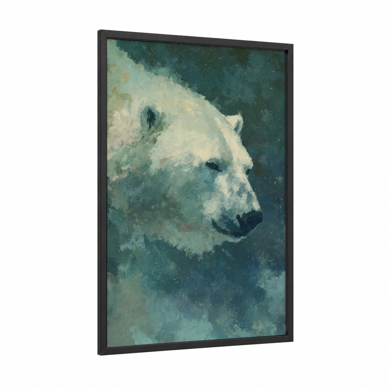 Ethereal Polar Bear framed art print — black wood frame — sage green and cream palette