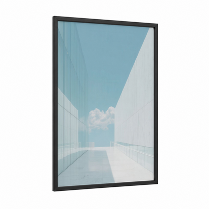 Minimalist Canal framed art print — black wood frame — blue and white and white palette