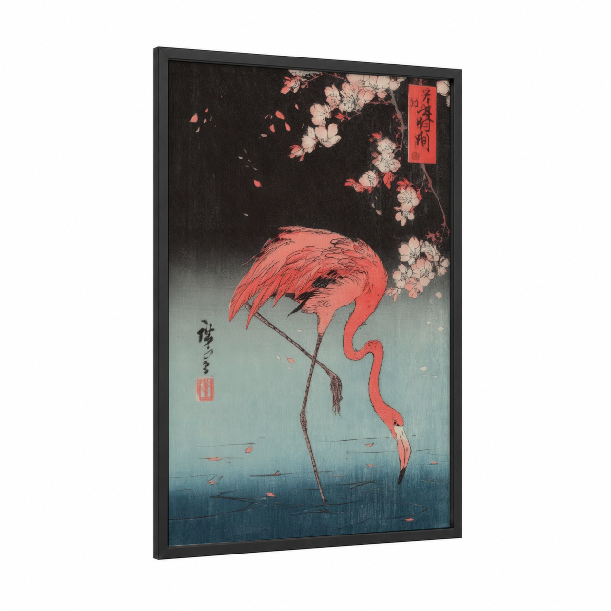 Crimson Flamingo framed art print — black wood frame — red and blue and white palette