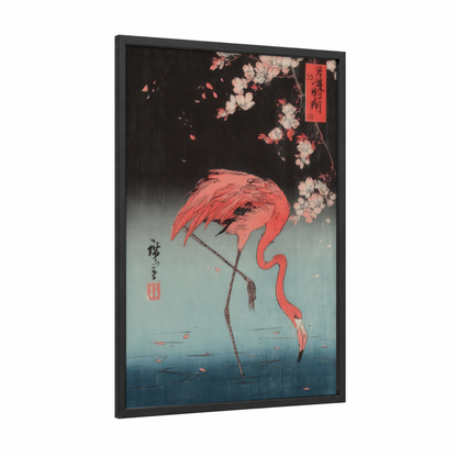 Crimson Flamingo framed art print — black wood frame — red and blue and white palette