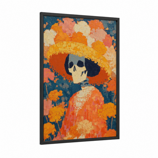 Marigold Skull framed dia de los muertos print — black wood frame — orange and gold palette
