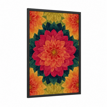 Crimson Dahlia Bloom framed art print — black wood frame — red and gold palette