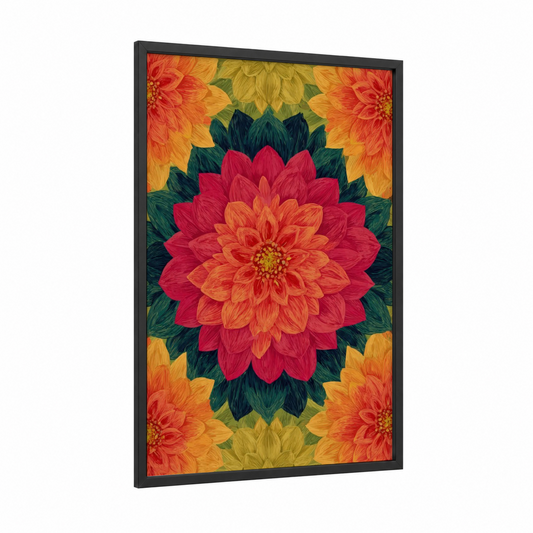 Crimson Dahlia Bloom framed art print — black wood frame — red and gold palette