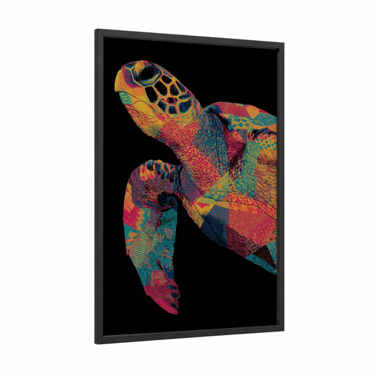 Neon Turtle framed art print — black wood frame — magenta and teal palette