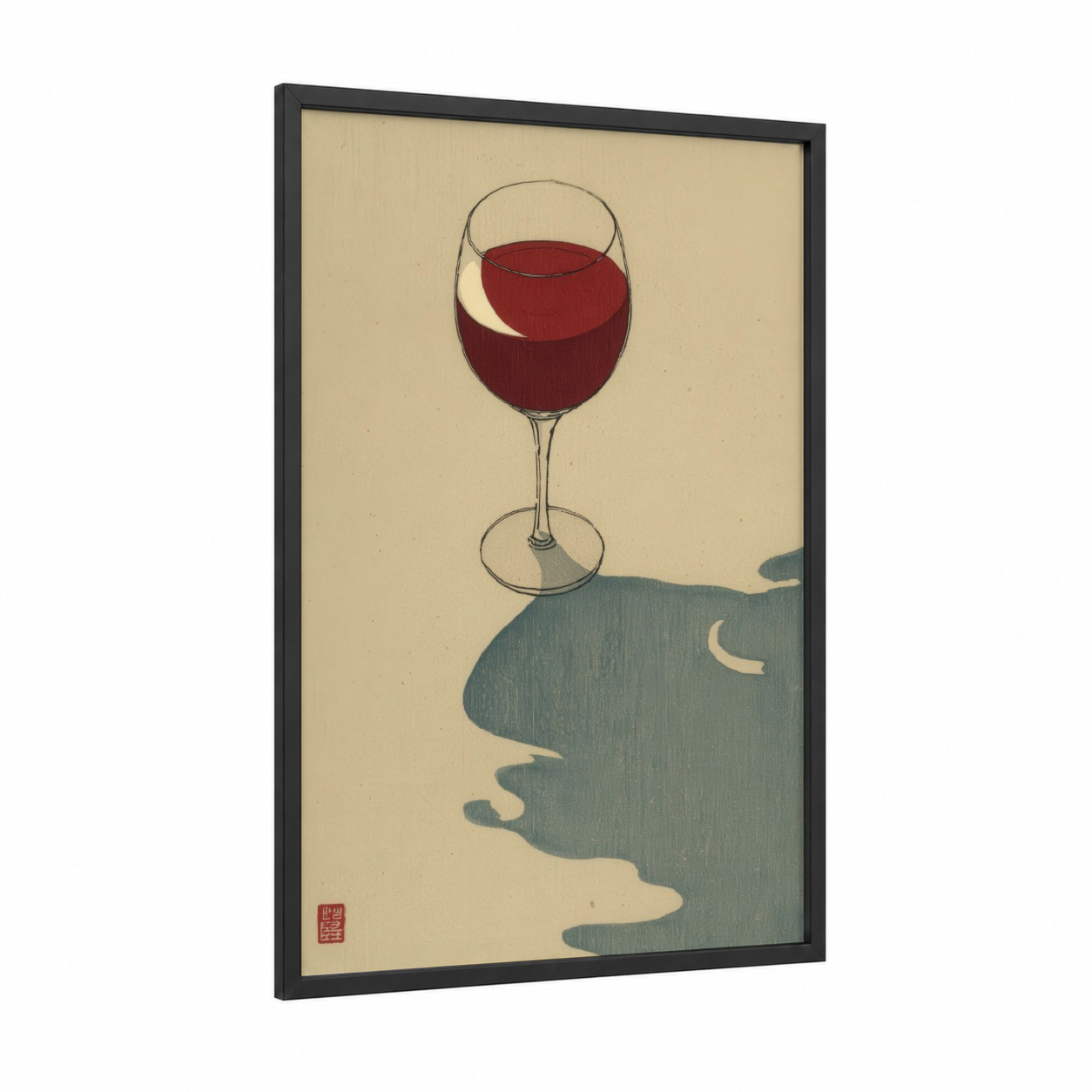 Crimson Contemplation framed red wine print — black wood frame — cream and maroon palette