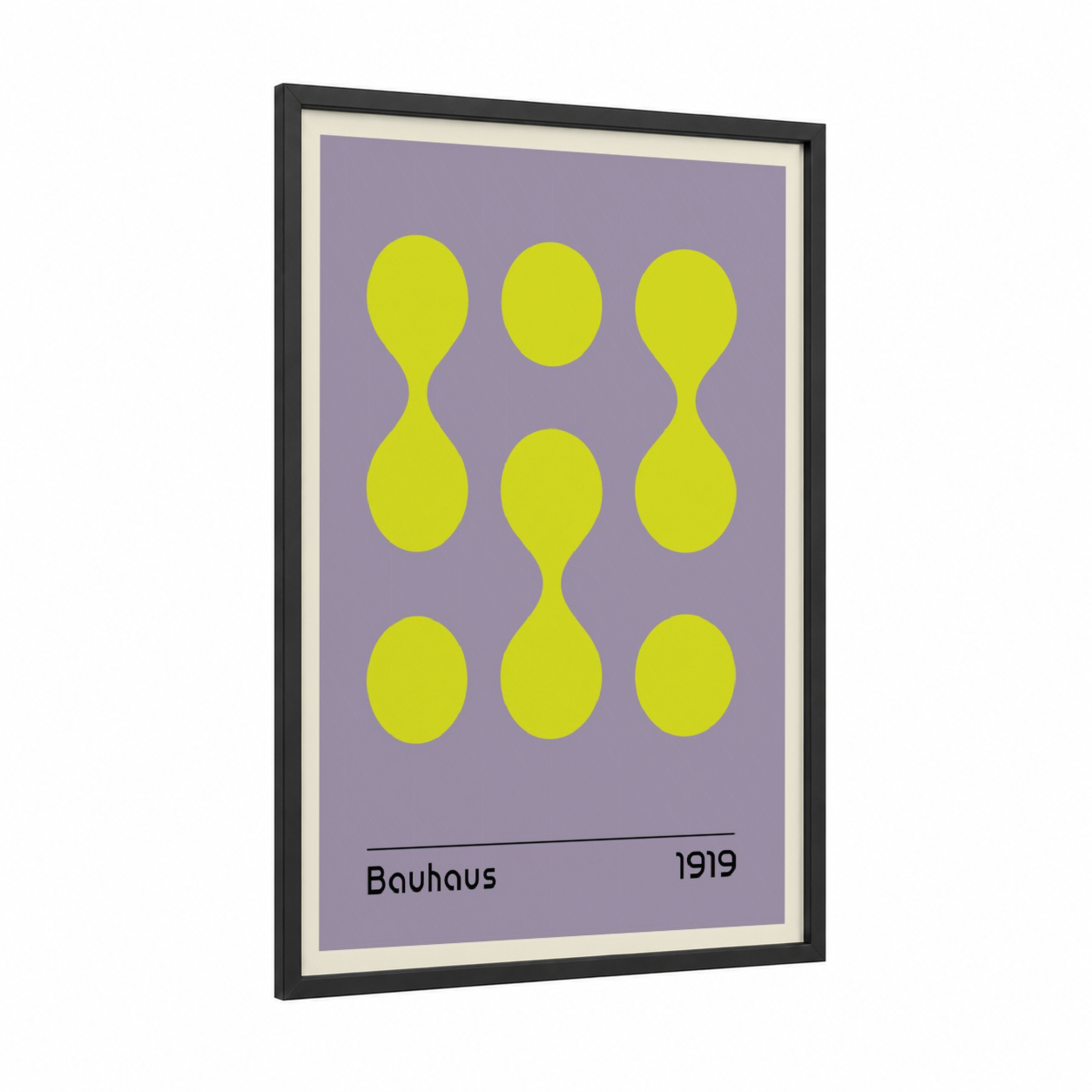 Bauhaus Circles framed abstract geometric print — black wood frame — yellow gold and lavender palette