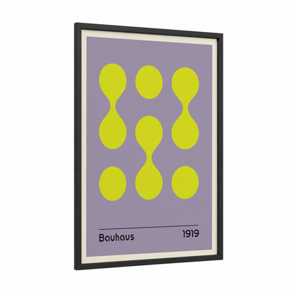 Bauhaus Circles framed abstract geometric print — black wood frame — yellow gold and lavender palette