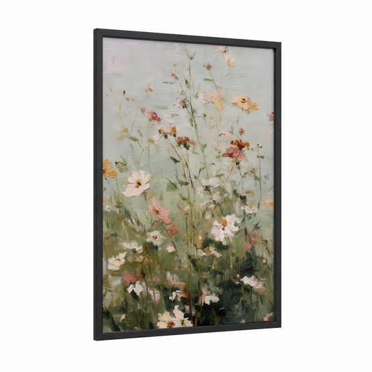 Wildflower Garden framed flower field print — black wood frame — cream and sage green palette