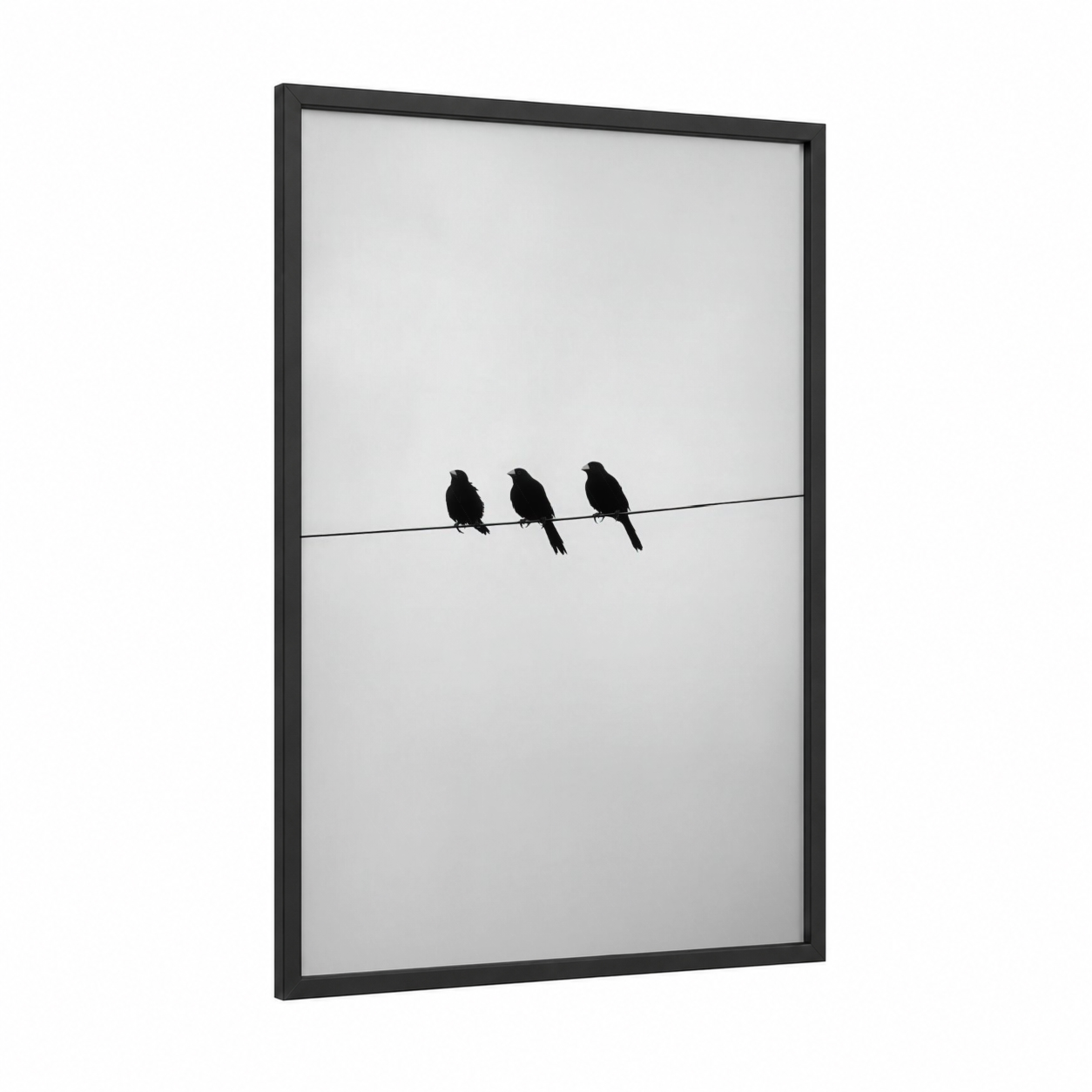 Three Perched Finches framed art print — black wood frame — black and white palette