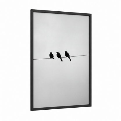Three Perched Finches framed art print — black wood frame — black and white palette