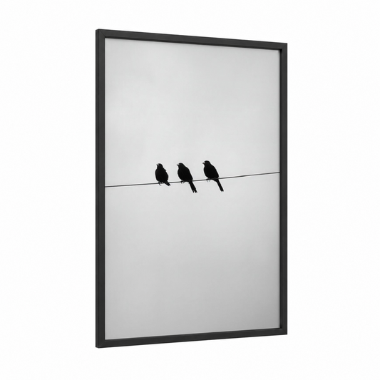 Three Perched Finches framed art print — black wood frame — black and white palette