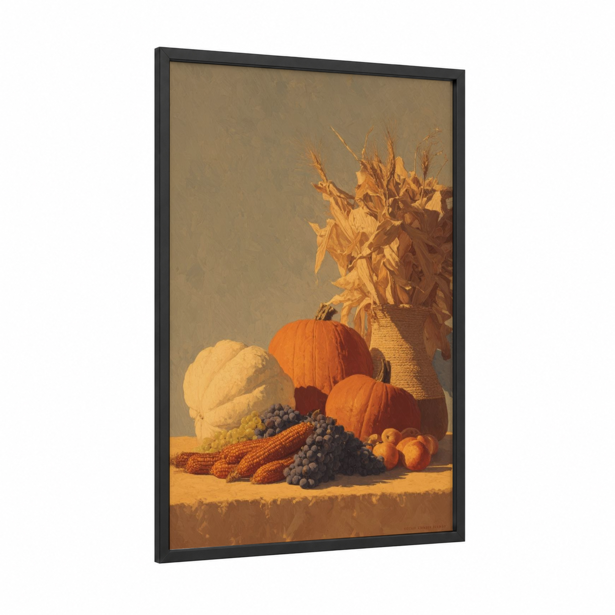 Autumn Harvest Arrangement framed kwanzaa print — black wood frame — gold and orange palette