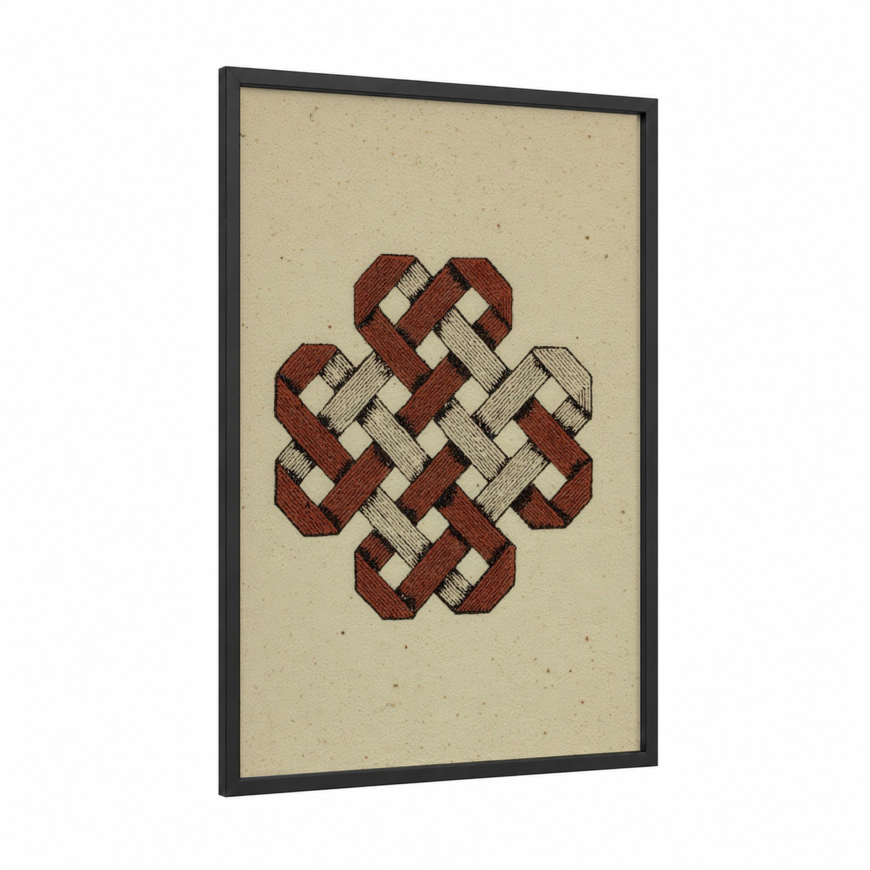 Endless Knot framed rope knots print — black wood frame — russet and cream palette