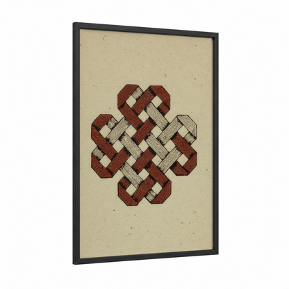 Endless Knot framed rope knots print — black wood frame — russet and cream palette