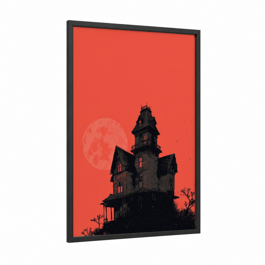 Haunted Manor Moonrise framed halloween print — black wood frame — red and black palette