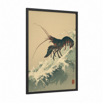 Wave Lobster framed art print — black wood frame — teal and cream palette