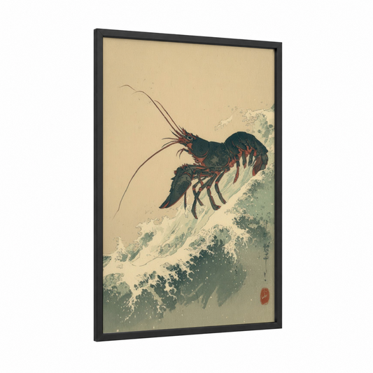 Wave Lobster framed art print — black wood frame — teal and cream palette