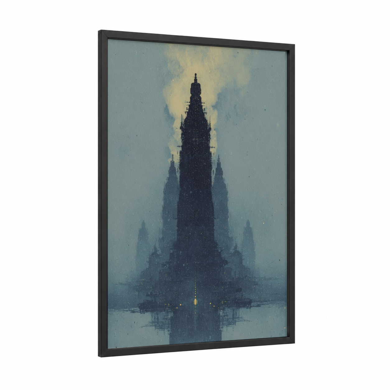 Futuristic Tower Mist framed sci-fi print — black wood frame — blue and gold and gray palette