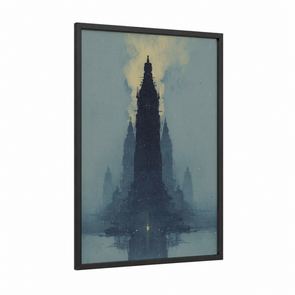 Futuristic Tower Mist framed sci-fi print — black wood frame — blue and gold and gray palette