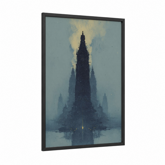 Futuristic Tower Mist framed sci-fi print — black wood frame — blue and gold and gray palette