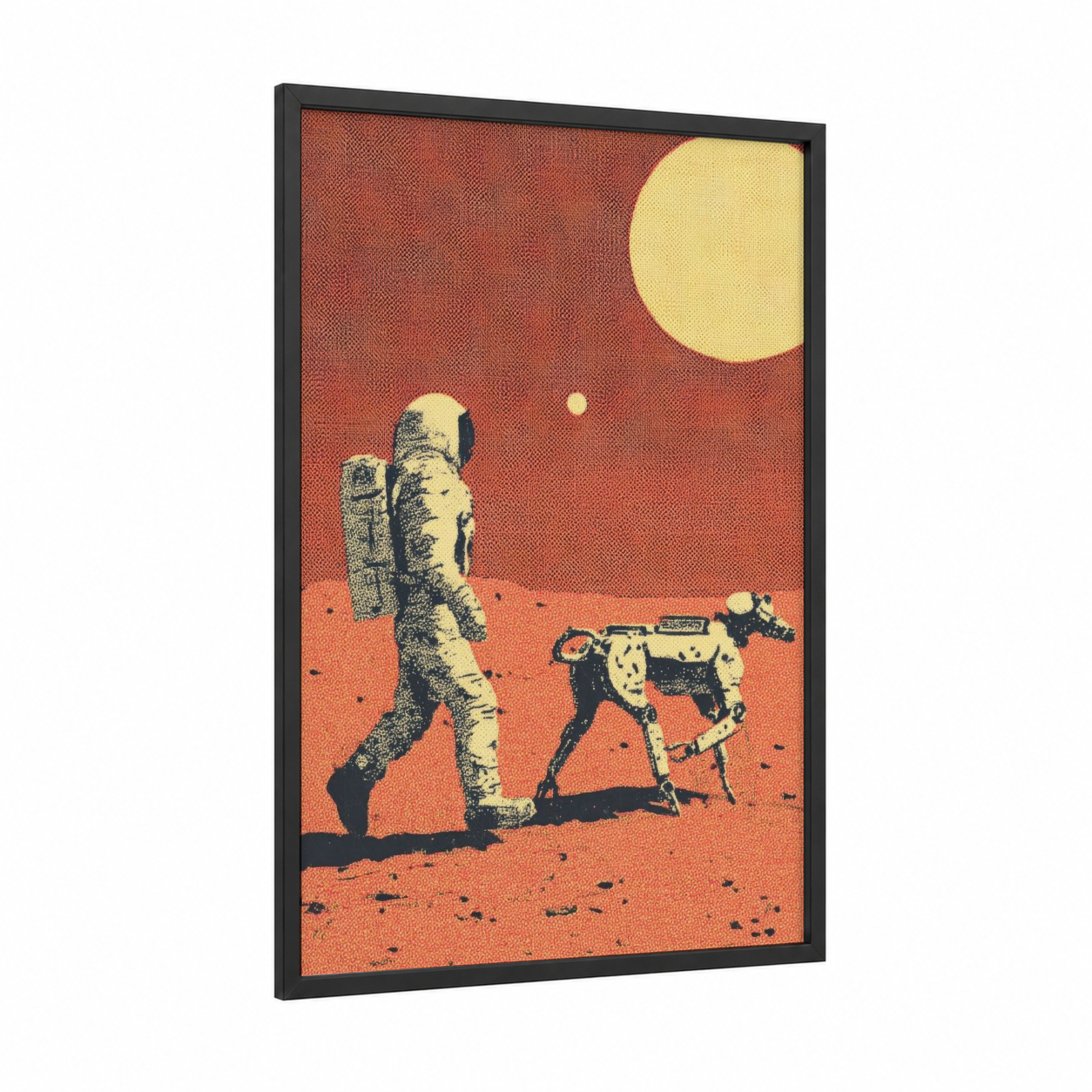 Lunar Explorer framed astronaut print — black wood frame — russet and yellow gold palette