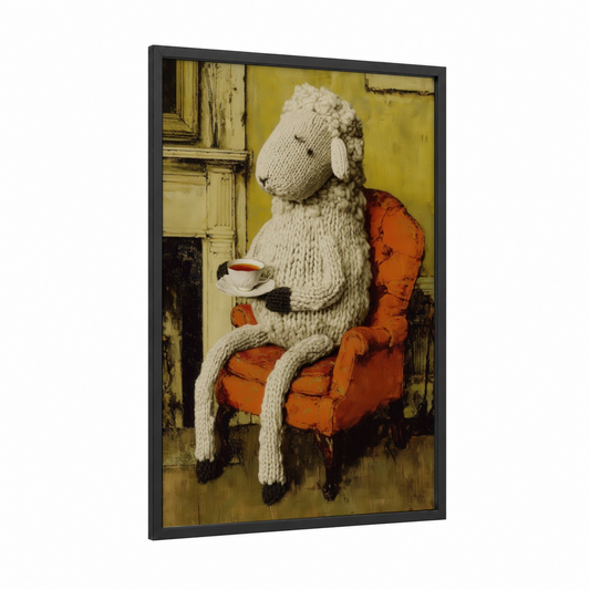Tea Time Sheep framed art print — black wood frame — cream and russet palette