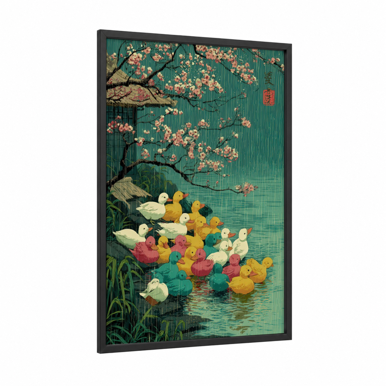 Cherry Blossom Ducks framed art print — black wood frame — teal and peach palette