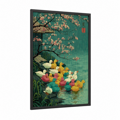 Cherry Blossom Ducks framed art print — black wood frame — teal and peach palette