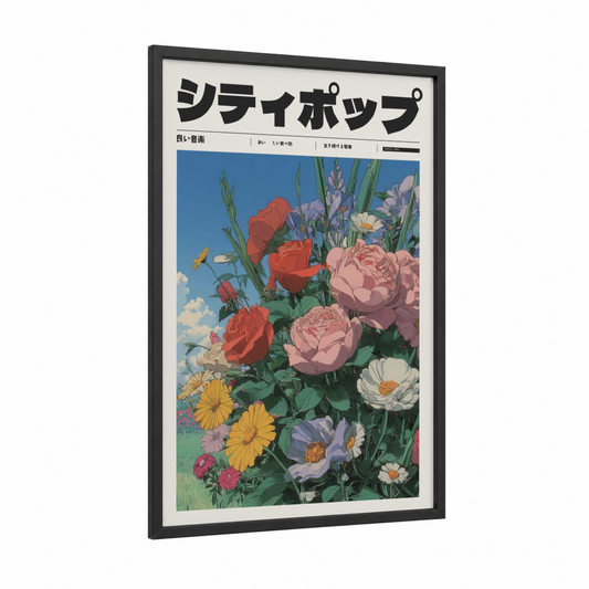 Retro Flower Garden framed anime and manga print — black wood frame — blue and pink palette