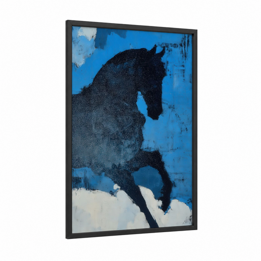 Snowy Andalusian framed andalusian horse print — black wood frame — blue and white palette