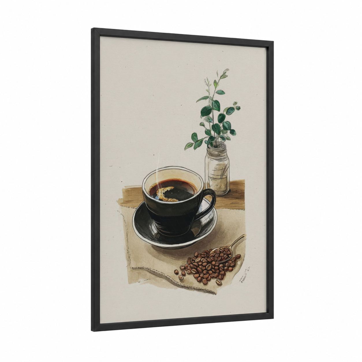 Morning Coffee Ritual framed art print — black wood frame — cream and brown palette